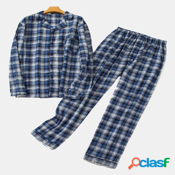 Homens Grosso Manga Longa Pijamas Lapela Collar Xadrez