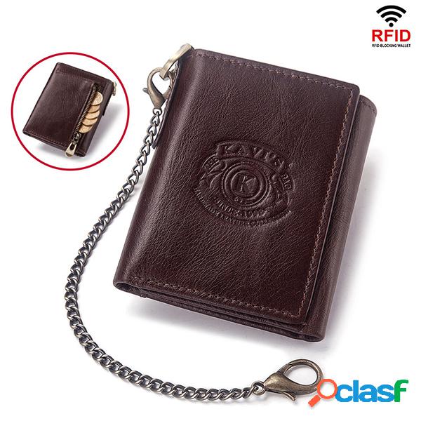 Homens RFID Coin Purse Chain Key Caso Couro Genuíno