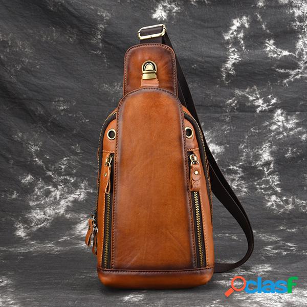 Homens escovado Vintage Couro Genuíno peito Bolsa ombro