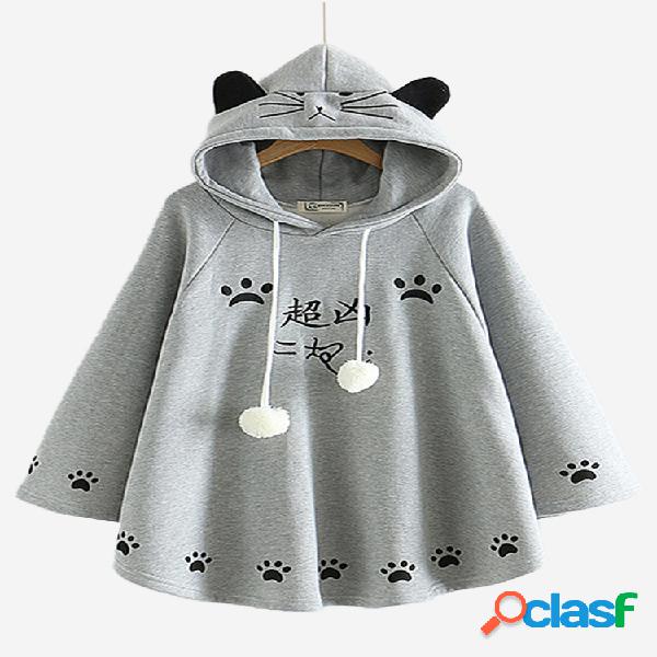 Imprimir Cat Claw orelha japonesa com capuz Poncho Moletom