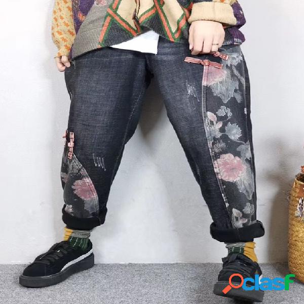 Imprimir Patched Buckle Plus Denim cintura elástica de