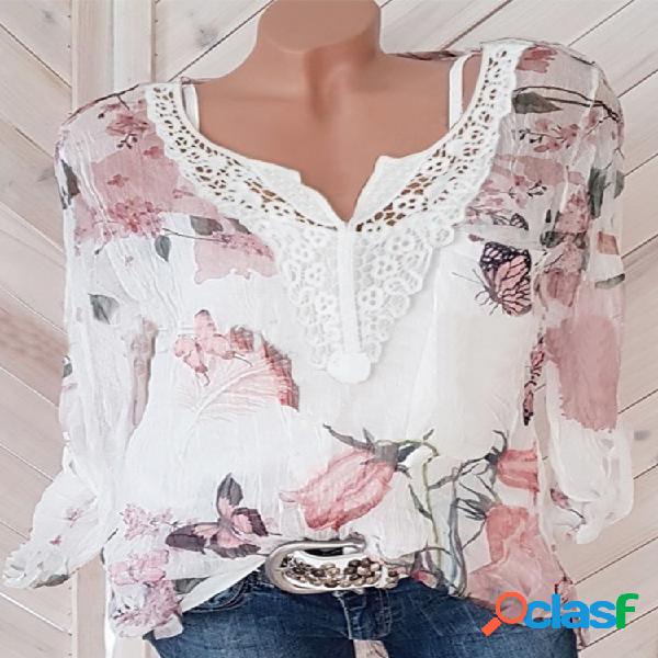 Laço floral com decote em v manga longa Plus tamanho Blusa