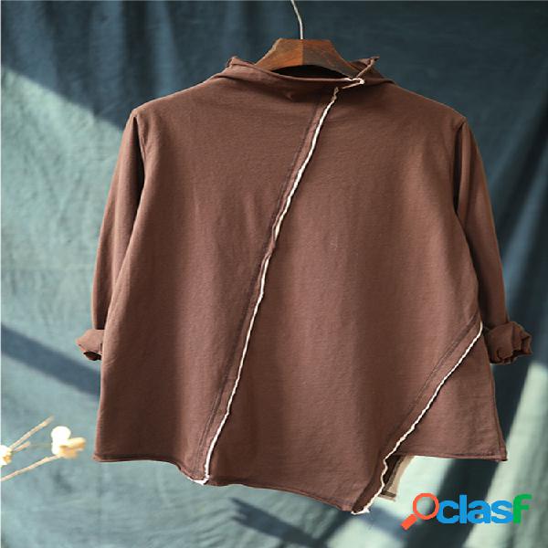 Linha Irregular T-shirt Decorativa Gola Alta Blusa Manga