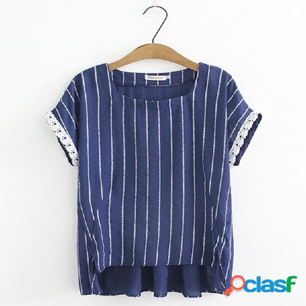 Listras O-pescoço Casual Blusas de Manga Curta