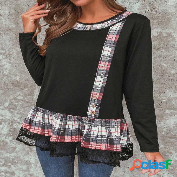 Manta de retalhos xadrez feminino manga comprida Casual