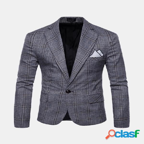 Mens Business Casual Plaid Botões Bolsos Terno de manga