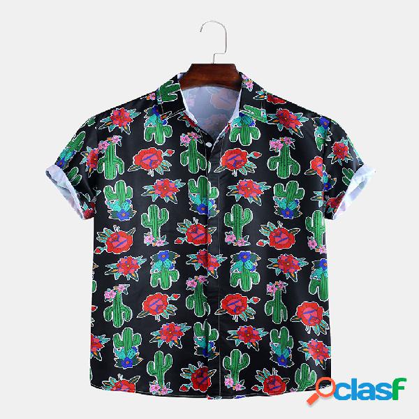 Mens Cactus engraçado floral impressão manga curta Slim