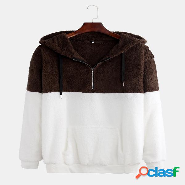 Mens Casual Contraste Cor Patchwork Fleece Drawstring Half