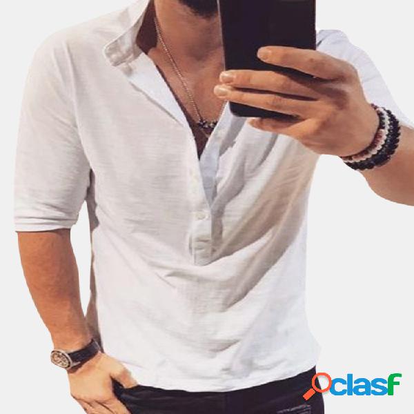 Mens Casual Henry Collar Cor sólida Slim Half Sleeve