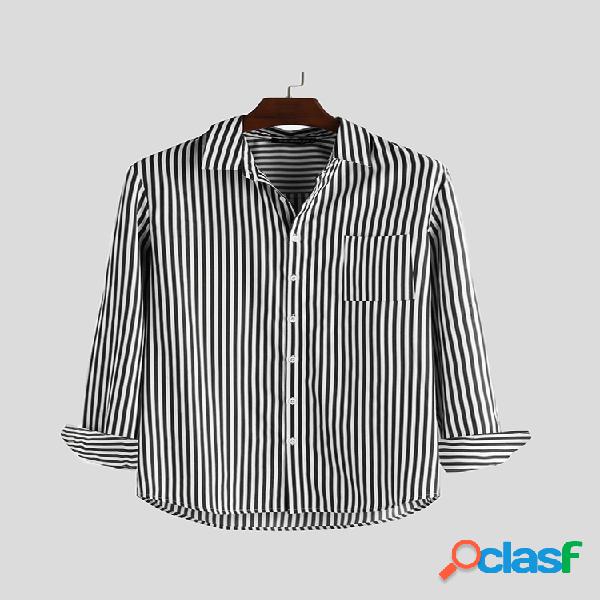 Mens Casual Striped Turn Down Collar Manga comprida Loose