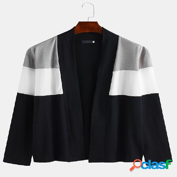 Mens Colorblock Collarless manga comprida Casual Loose
