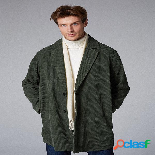 Mens Corduroy Plain Lapel Neck Manga comprida Mid Long