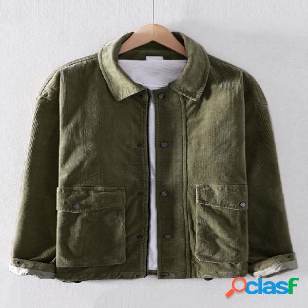Mens Corduroy Plain Multi Bolsos Turn Down Collar Casacos de