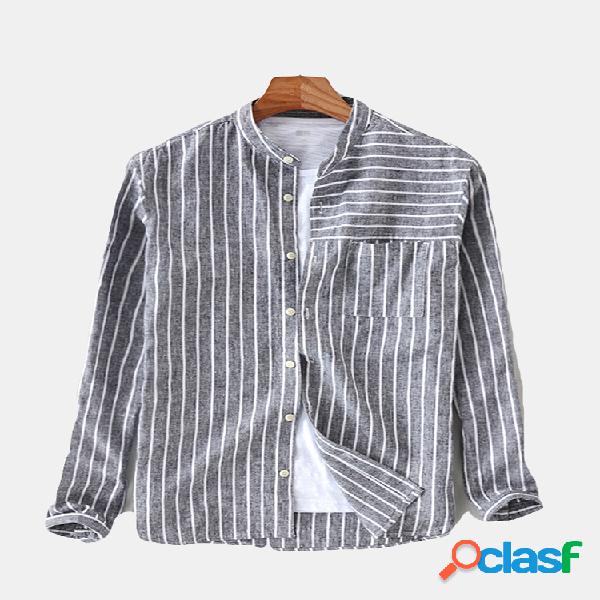 Mens Cotton Striped Vintage Respirável Loose Fit Manga
