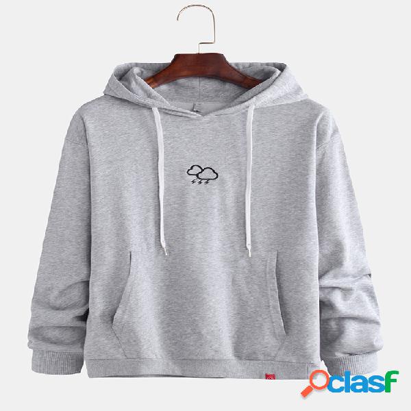 Mens Cute Bordado Plain Pocket manga comprida Comfy
