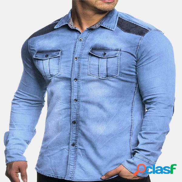 Mens Denim Suede Patchwork Contraste Cor Chest Pocket Casual