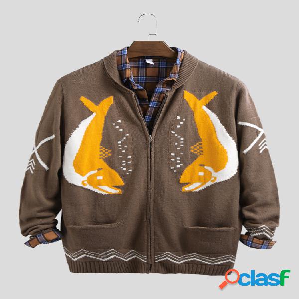 Mens Double Fish Printing Knitting Sweaters Manga comprida
