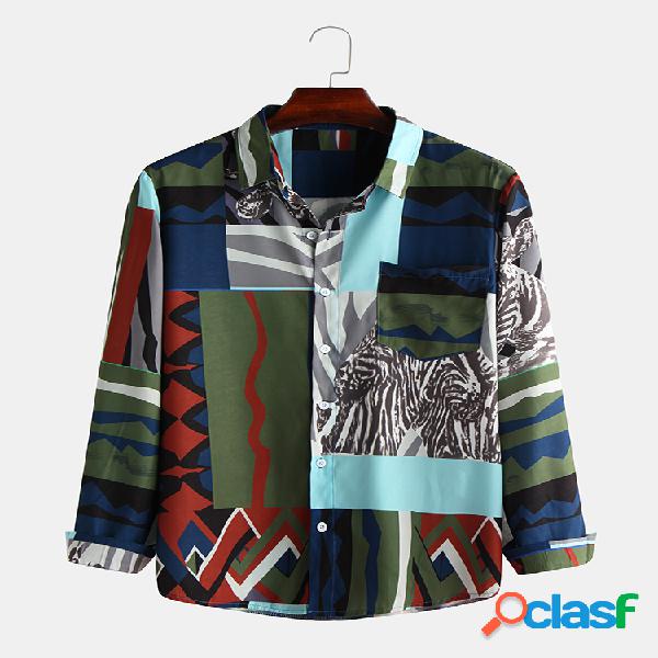 Mens Estilo étnico Bloco de cores Impressão abstrata Manga