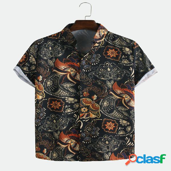 Mens Estilo étnico Flor Impresso Casual respirável Camisas