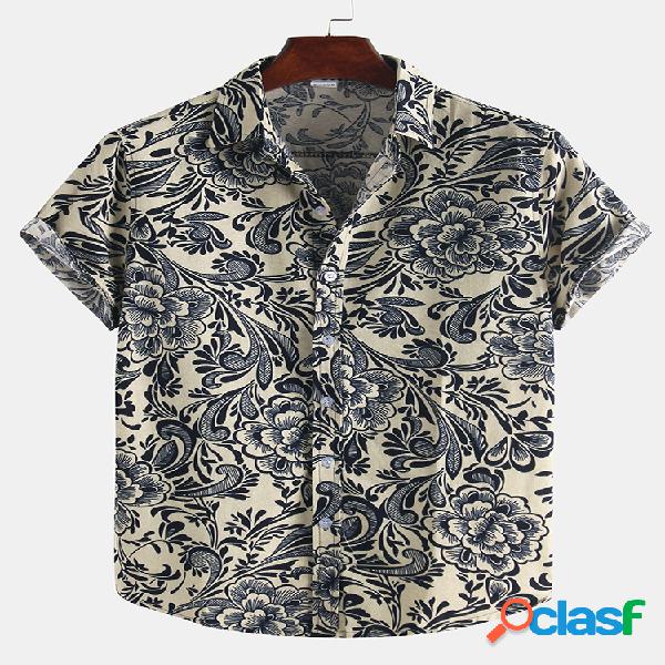 Mens Estilo Étnico Ptinting Loose Turndown Collar Manga