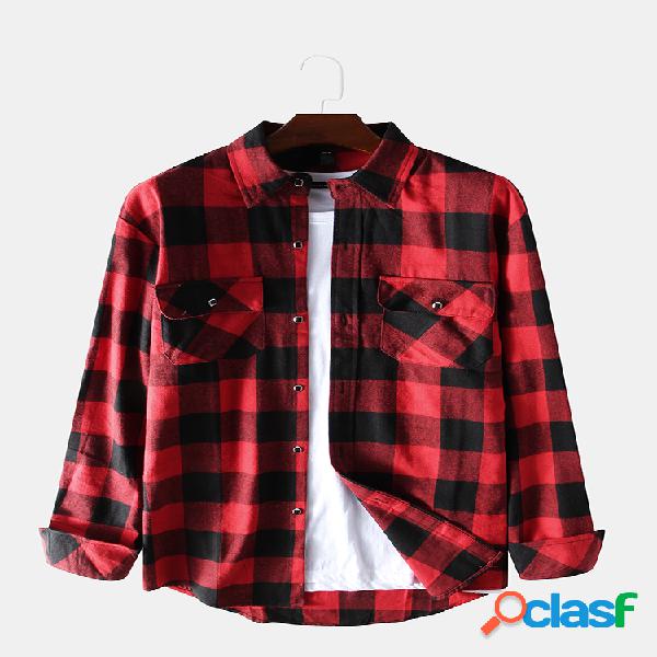 Mens Hit Color Plaid Chest Pockets Turn Down Collar Manga