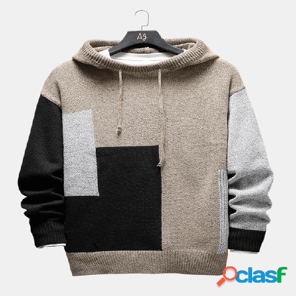 Mens Hit Color manga comprida Drwastring Hoodie Comfy