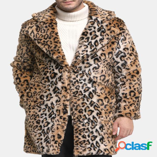 Mens Leopard Impressão Faux Fur Jacket Mid-longo de lã