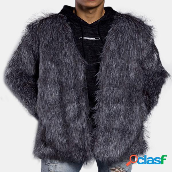 Mens Mid-Length Faux Fur Coat Inverno engrossado Warm Slim
