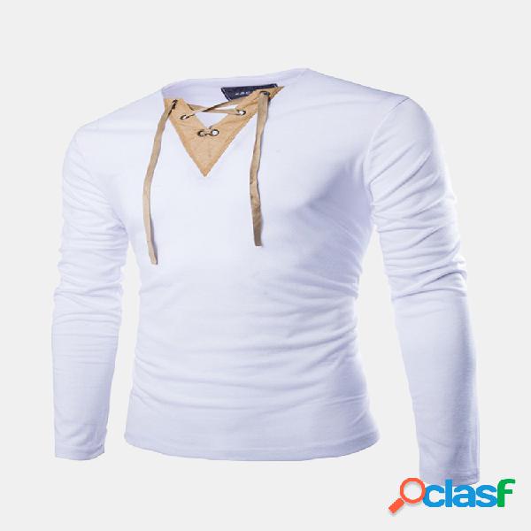 Mens Patchwork Slim com decote em V com cordão de manga