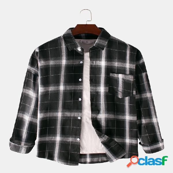 Mens Plaid Printed Pocket Turn Down Collar Manga comprida