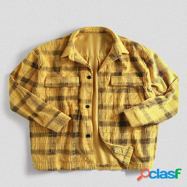 Mens Plaid Printed Turn Down Collar Bolsos Manga comprida