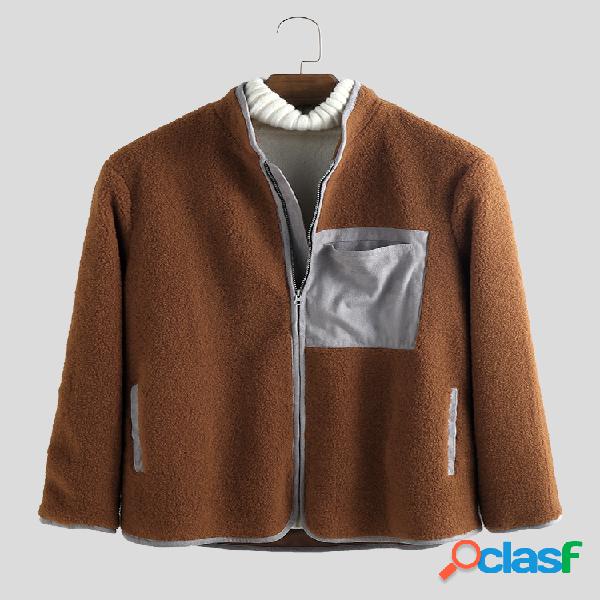 Mens Polar Fleece Patchwork Stand Collar Manga comprida