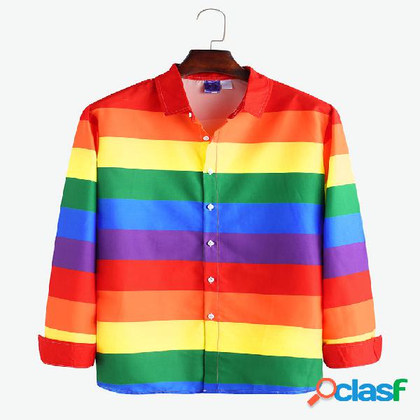 Mens Rainbow Color Stripe Respirável Casual Manga comprida