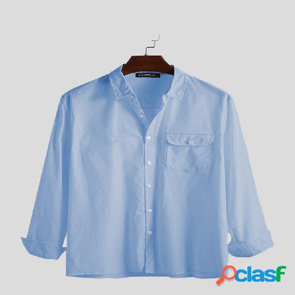 Mens Solid Color Cotton Pocket Respirável Casual Camisas de