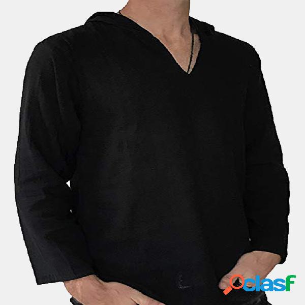 Mens Solid Color Hooded Tops Casual Cotton Linen Thin Long