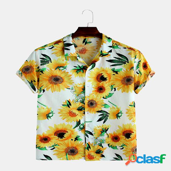 Mens Sunflower Printing Respirável Casual Turn Down Collar