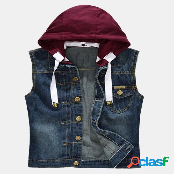 Mens Vintage Denim destacável com capuz azul escuro sem