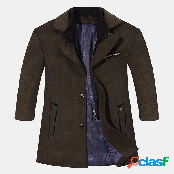 Mens Winter Mature Business Style Plain Mid-Long Woolen Warm