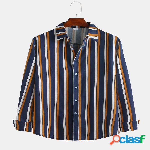 Mens algodão vintage três cores listrado manga comprida