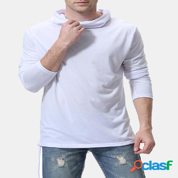Mens casual gola alta hem irregular manga longa cor sólida