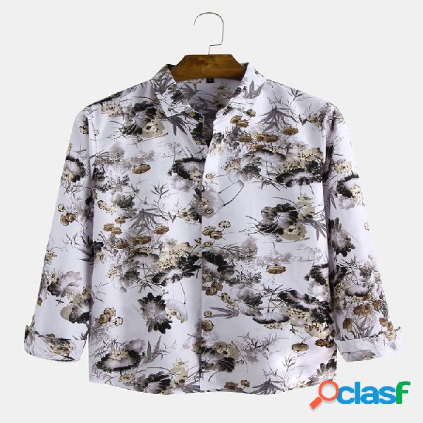 Mens elegante moda tinta flor impressa manga longa lapela