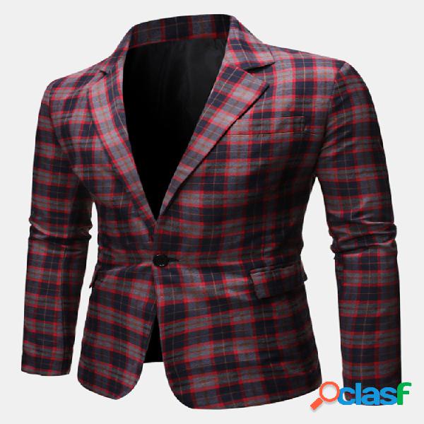Mens estilo britânico colarinho lapela xadrez slim fit One