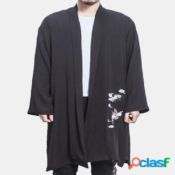 Mens fino mistura de linho bordado Mid longo Split Cardigans