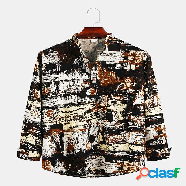 Mens impressão abstrata manga longa solta fit casual