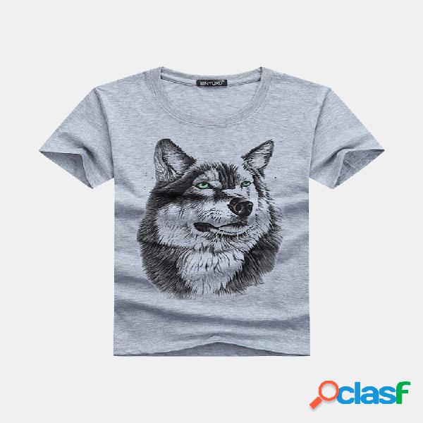 Mens verão engraçado 3d lobo impressão o-pescoço manga