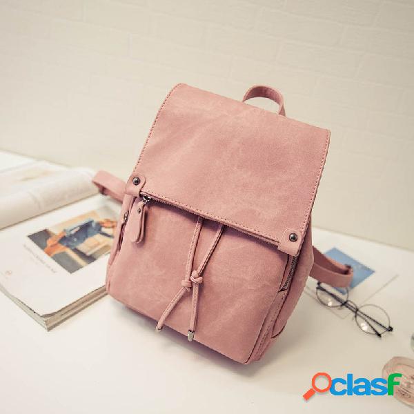 Mochila de couro falso simples de cor pura Shouder Bolsa