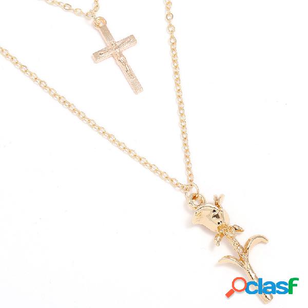 Moda Multilayer Colar Cruz Rose Pingente Cadeia Encanto