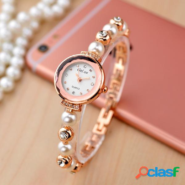 Moda elegante relógio de strass pulseira de pérolas