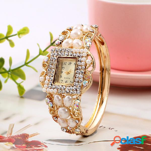 Moda pérola pulseira de diamantes relógio artesanal de