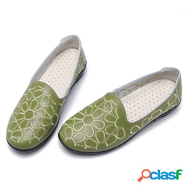 Mulheres Casual Flores Rodada Toe Genuine Flats Couro